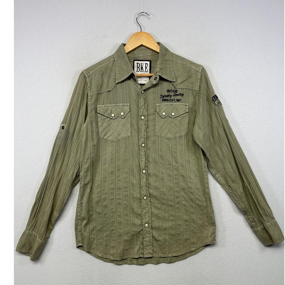 Y2K Western Workwear BKE Vintage Mens Small Olive Green Dobby Stripe Snap Shirt